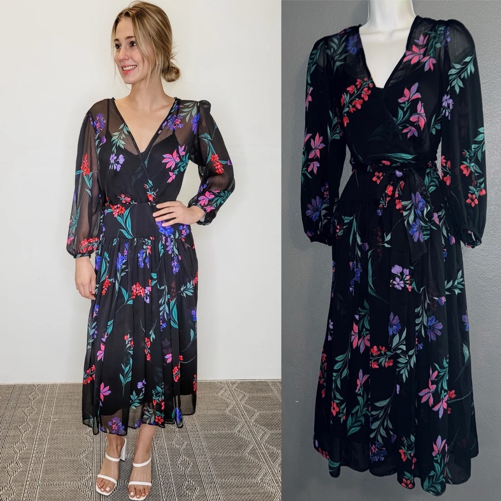 Calvin Klein Black Floral Midi Dress with Pink, Purple & Teal Print